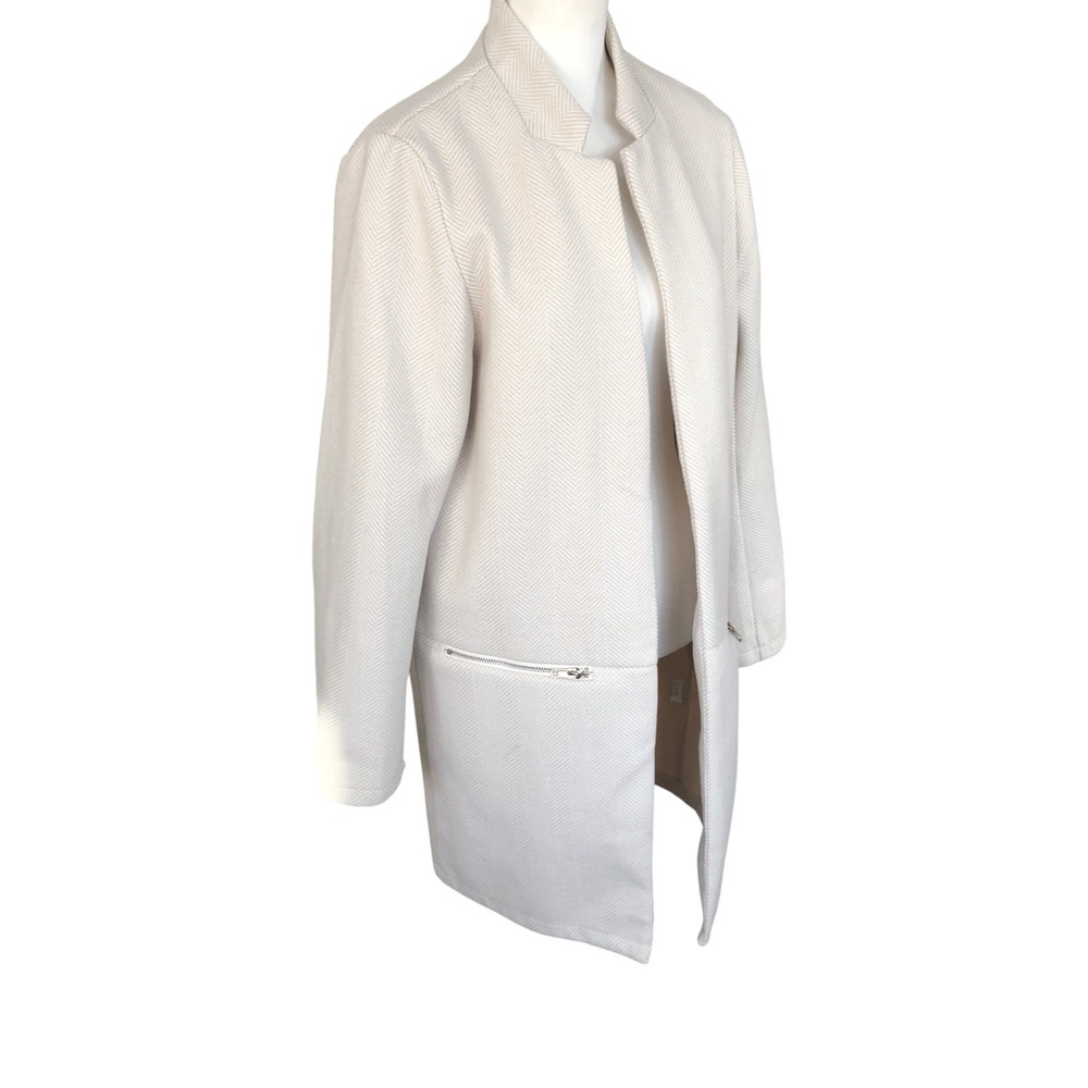 Long Line Open Line Blazer Cardigan Jacket High Neck Tan HerringboneCream Coat M